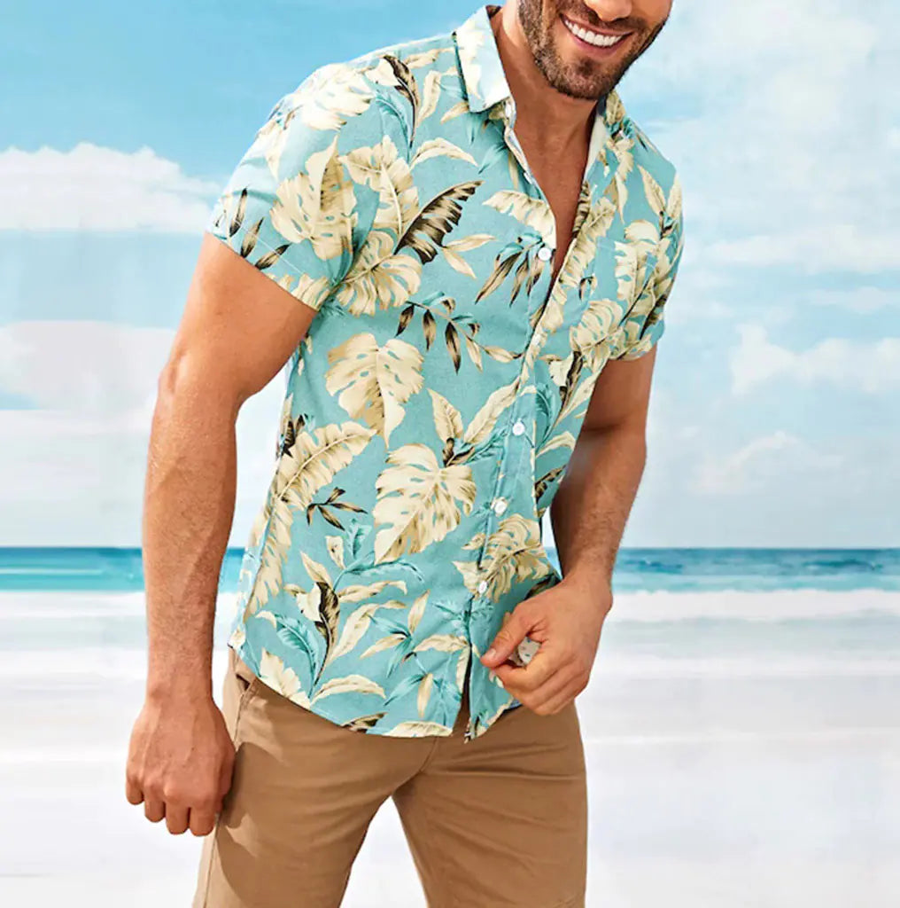 Printed Beach Men's Shirt, Loose Fit Short Sleeve