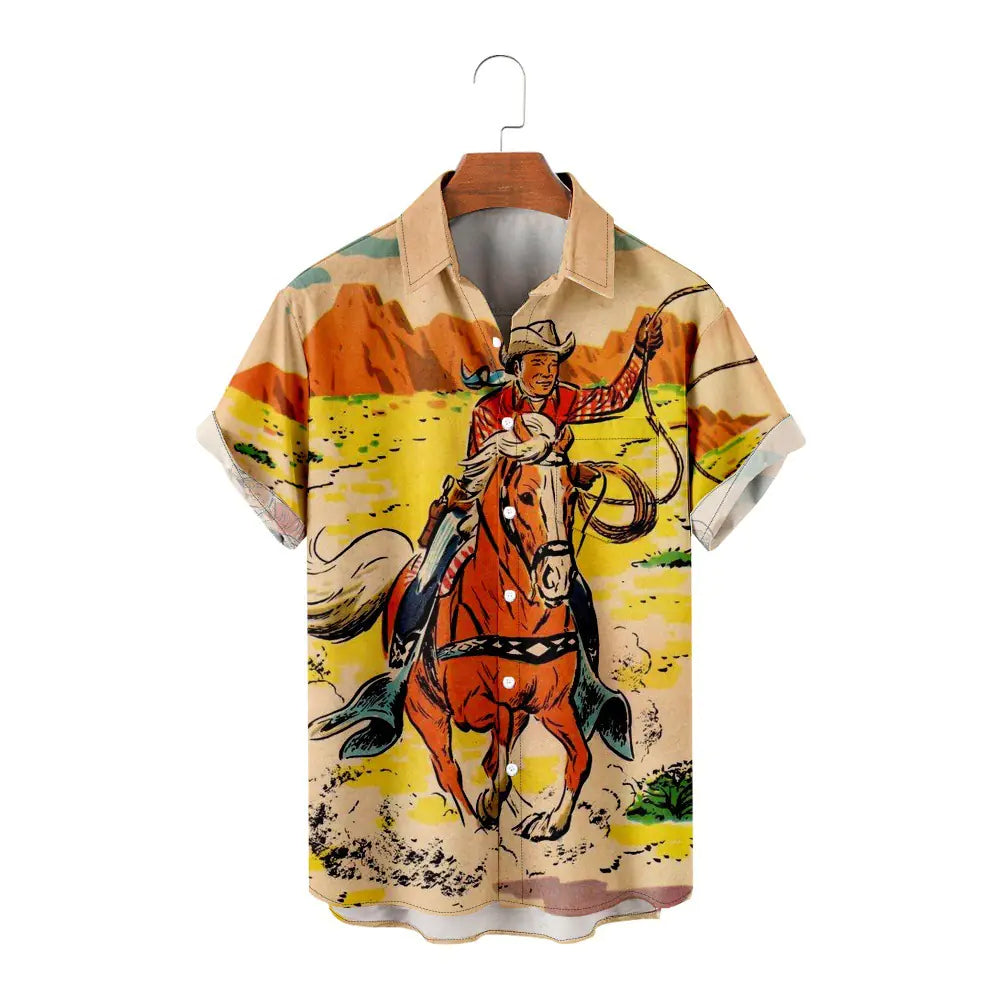 Men's Hawaiian Bohemian Print Oversized Short Sleeve Shirt
