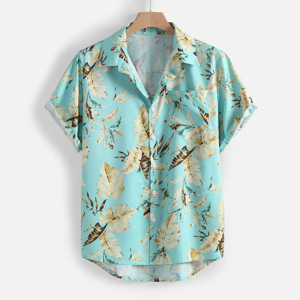 Printed Beach Men's Shirt, Loose Fit Short Sleeve