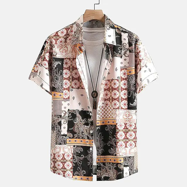 Men's Hawaiian Bohemian Print Oversized Short Sleeve Shirt