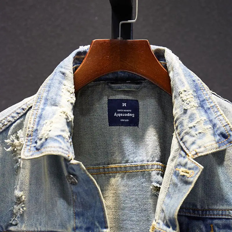Oversized Distressed Denim Jacket for Men
